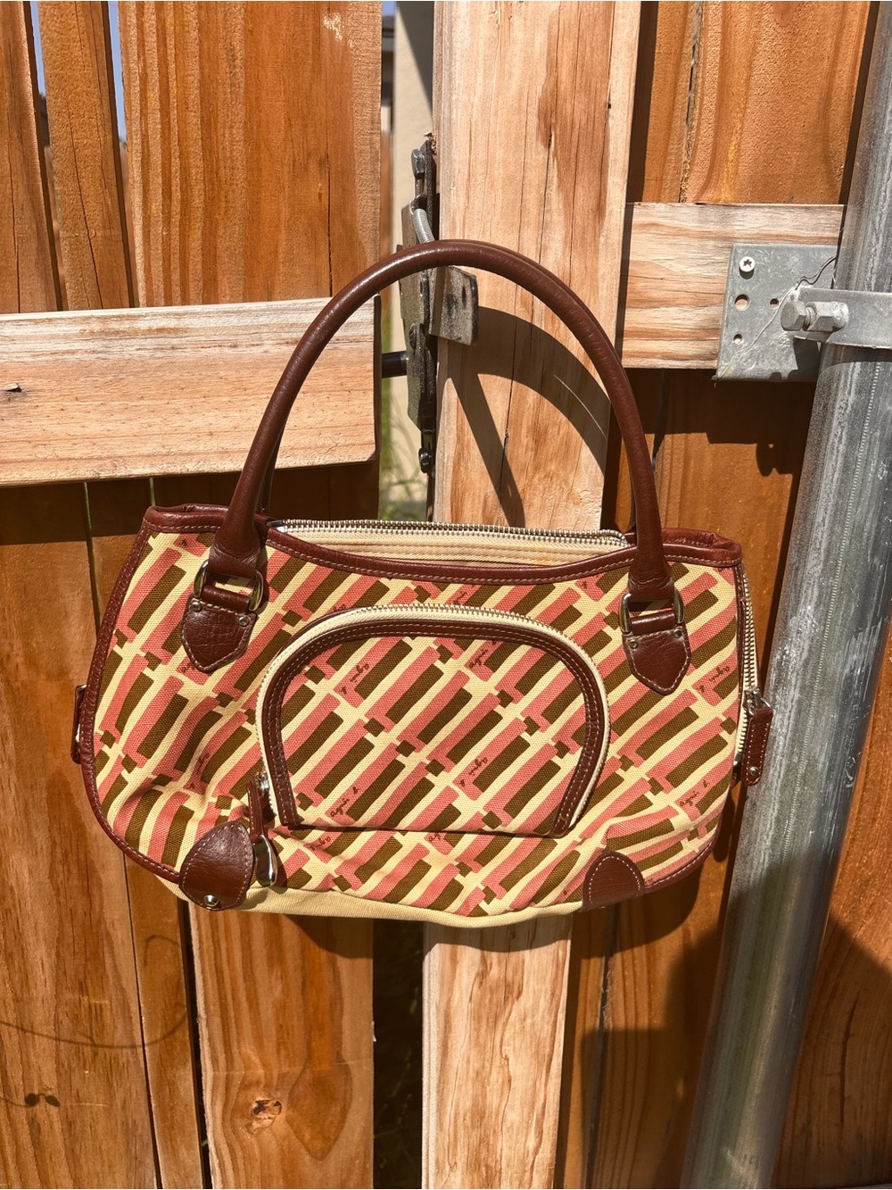 Agnes B. Brown Leather-Trim Patterned Shoulder Bag
